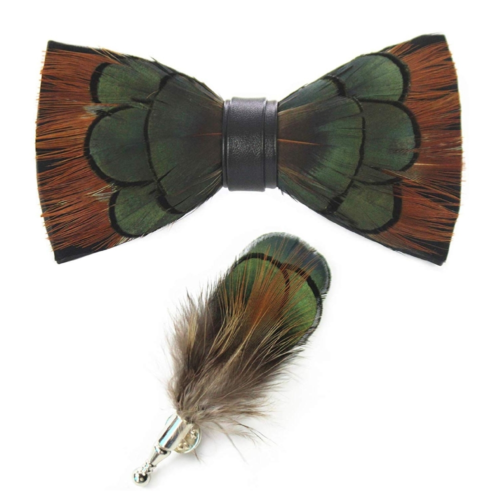 Mens Natural Feather Pre Tied Bowtie & Lapel Pin